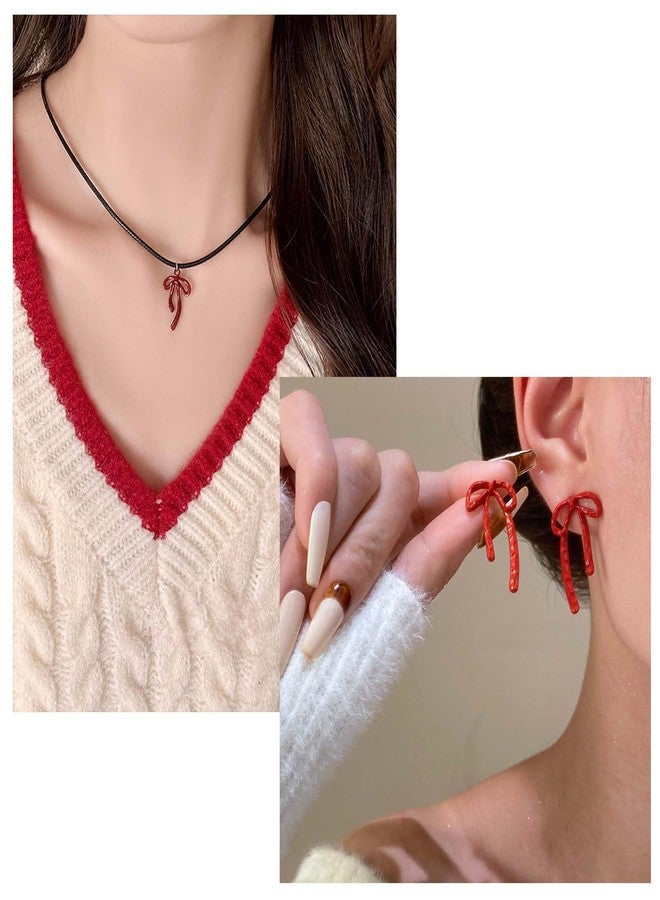 PINCHUAN Christmas Necklace for Women Christmas Bow Jewelry Set X-Mas Gift Bow Pendant Necklaces and Red Christmas Bow Earrings Set Christmas Jewelry Gifts For Women-StyB - Image 3
